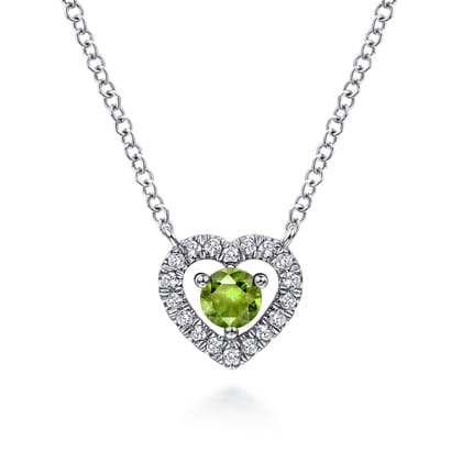 14K White Gold Round Peridot and Diamond Heart Pendant Necklace