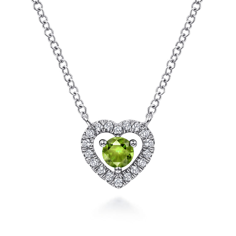 14K White Gold Round Peridot and Diamond Heart Pendant Necklace - 0.09 ct - Shot 1