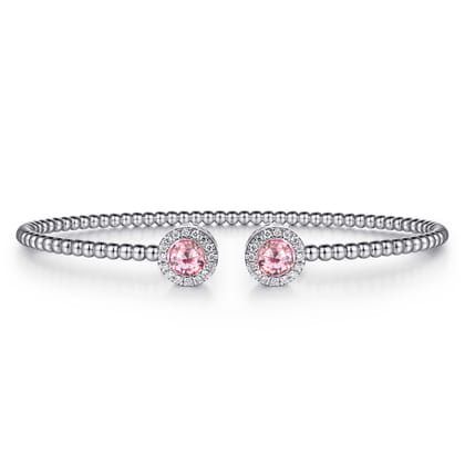 14K White Gold Round Pink Created Zircon and Diamond Halo Bujukan Bangle
