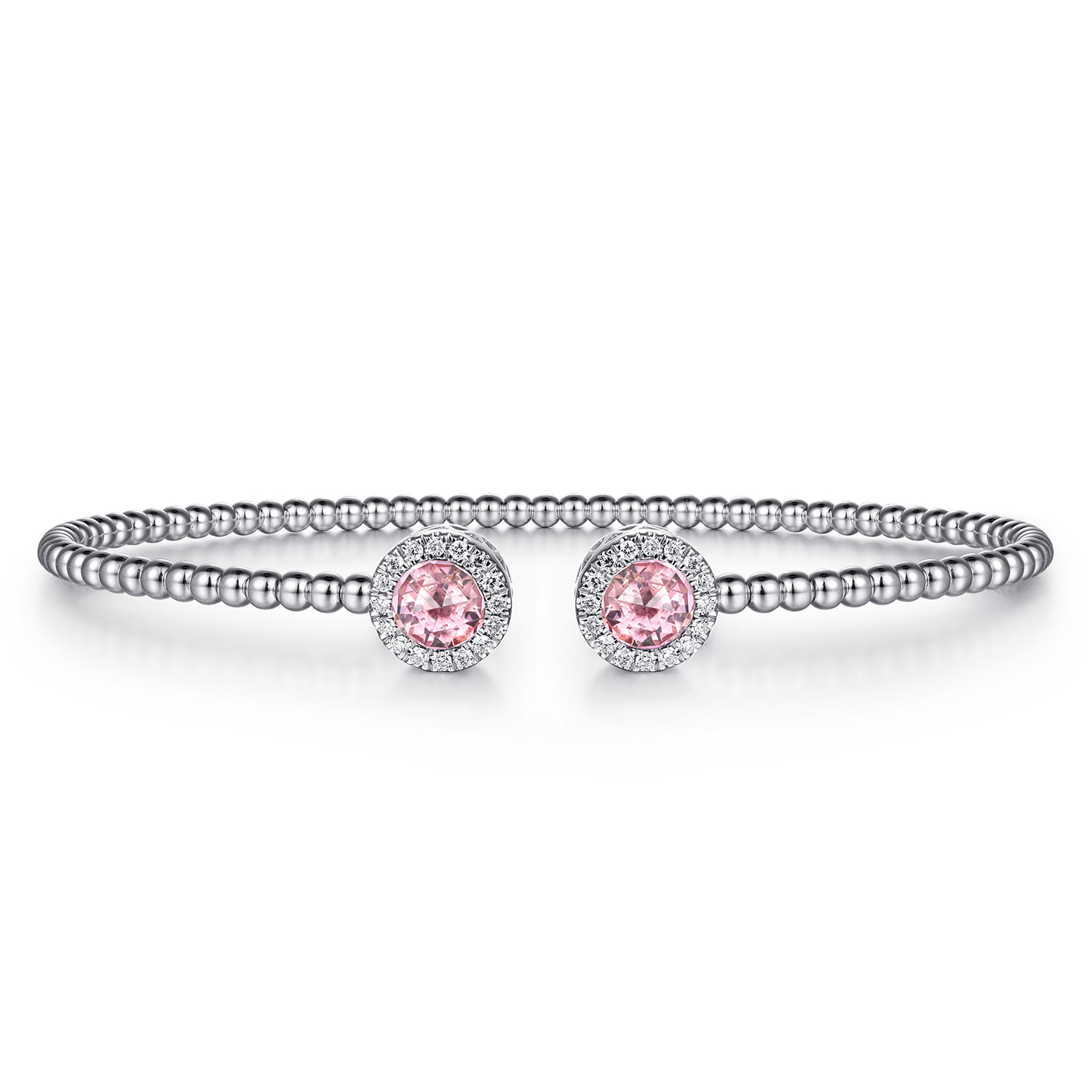 14K White Gold Round Pink Cubic Zirconia and Diamond Halo Bujukan Bangle - 0.16 ct - Shot 1