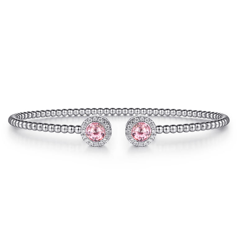 14K White Gold Round Pink Cubic Zirconia and Diamond Halo Bujukan Bangle - 0.16 ct - Shot 1