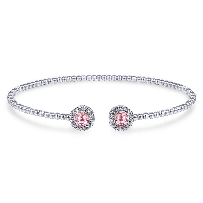 14K White Gold Round Pink Cubic Zirconia and Diamond Halo Bujukan Bangle - 0.16 ct - Shot 1
