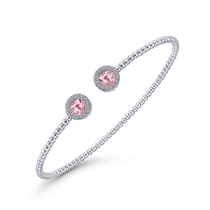 14K White Gold Round Pink Cubic Zirconia and Diamond Halo Bujukan Bangle