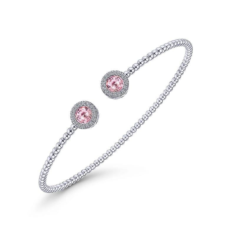 14K White Gold Round Pink Cubic Zirconia and Diamond Halo Bujukan Bangle - 0.16 ct - Shot 2