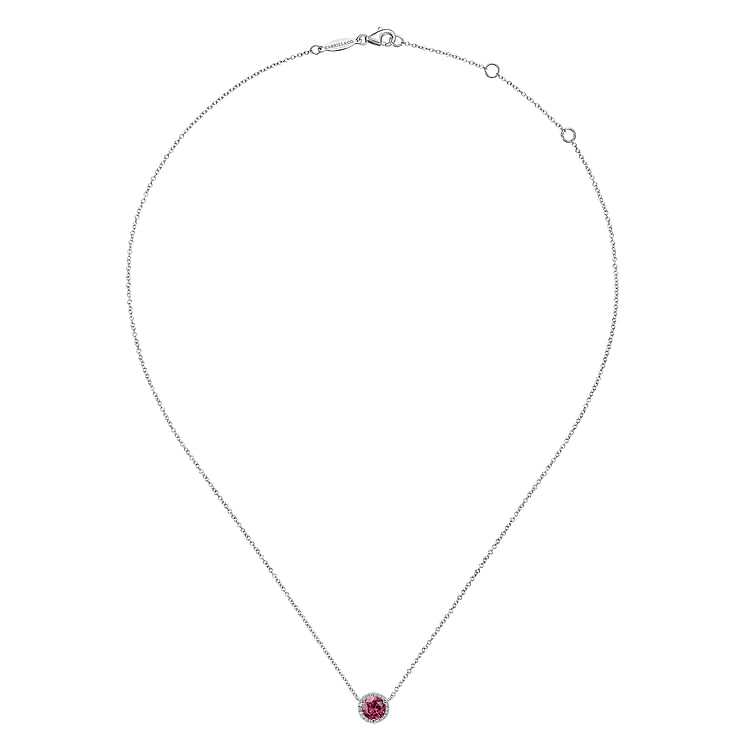 14K White Gold Round Pink Tourmaline and Diamond Halo Pendant Necklace
