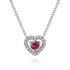 14K White Gold Round Pink Tourmaline and Diamond Heart Pendant Necklace