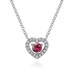 14K White Gold Round Pink Tourmaline and Diamond Heart Pendant Necklace