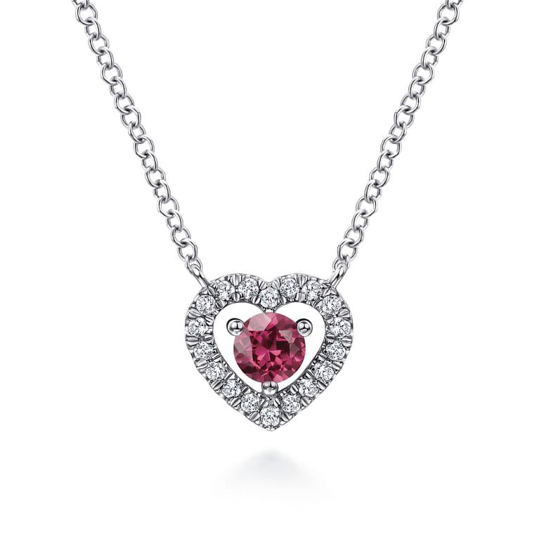 14K White Gold Round Pink Tourmaline and Diamond Heart Pendant Necklace - 0.09 ct - Shot 1