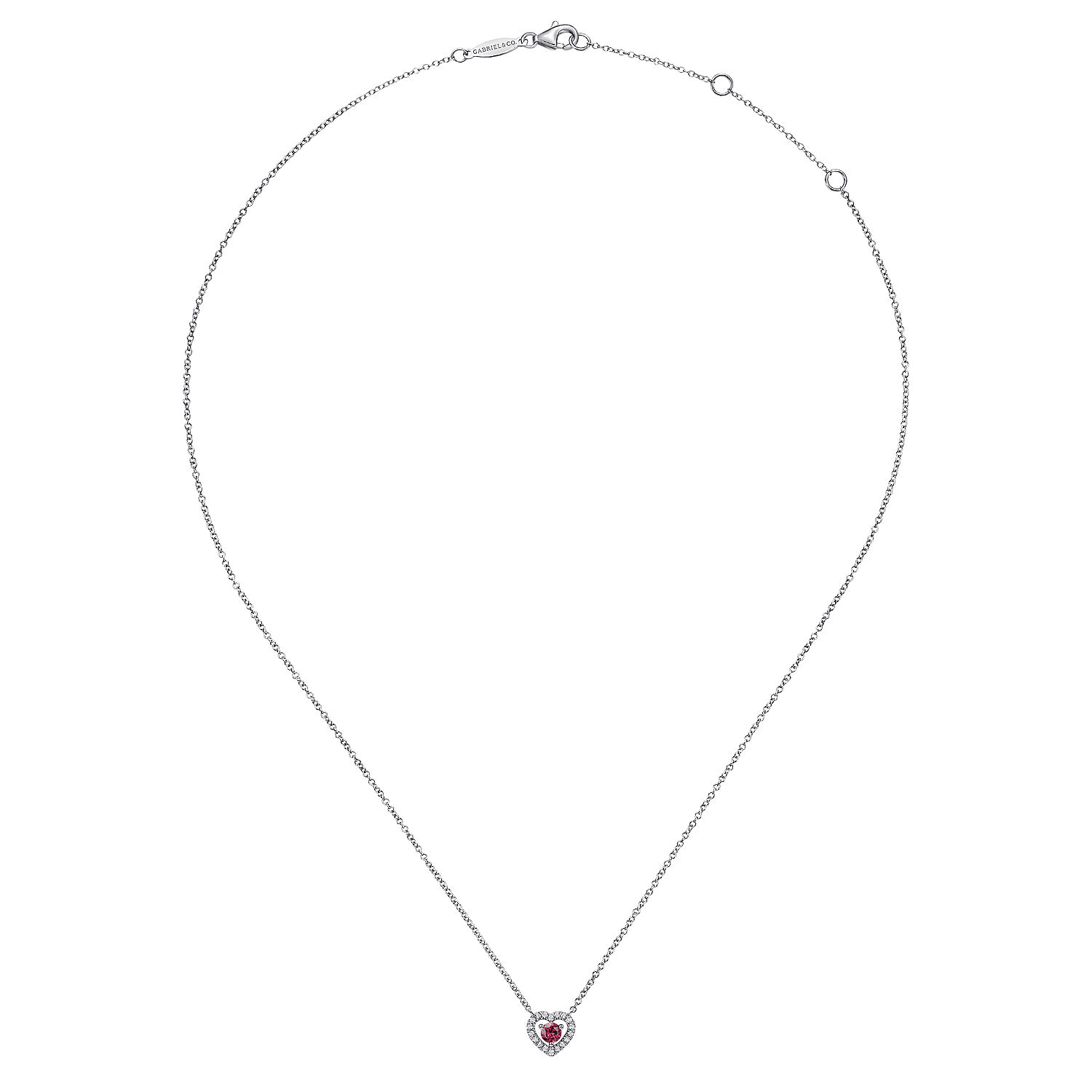 14K White Gold Round Pink Tourmaline and Diamond Heart Pendant Necklace