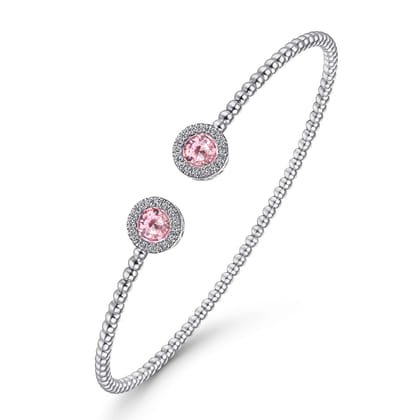 14K White Gold Round Pink Zircon and Diamond Halo Bujukan Bangle
