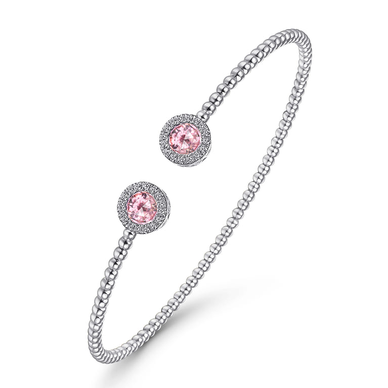 14K White Gold Round Pink Zircon and Diamond Halo Bujukan Bangle - 0.16 ct - Shot 2