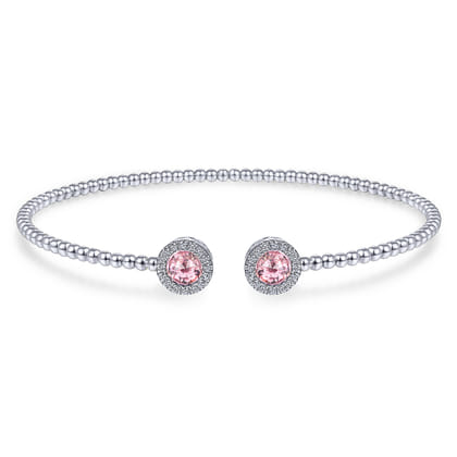 14K White Gold Round Pink Zircon and Diamond Halo Bujukan Bangle