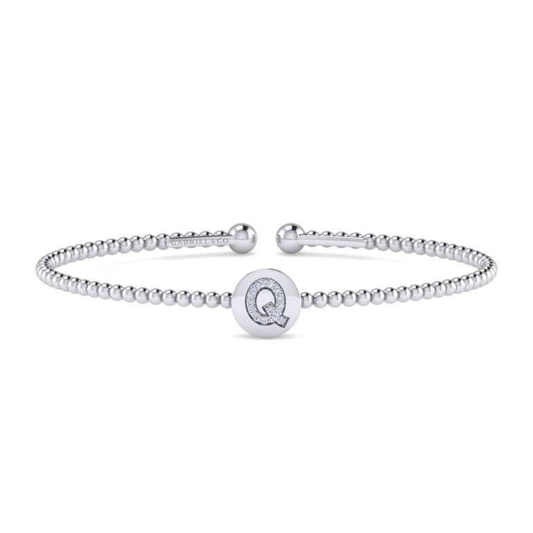 14K White Gold Round Q Initial Diamond Bujukan Cuff Bracelet - 0.06 ct - Shot 1