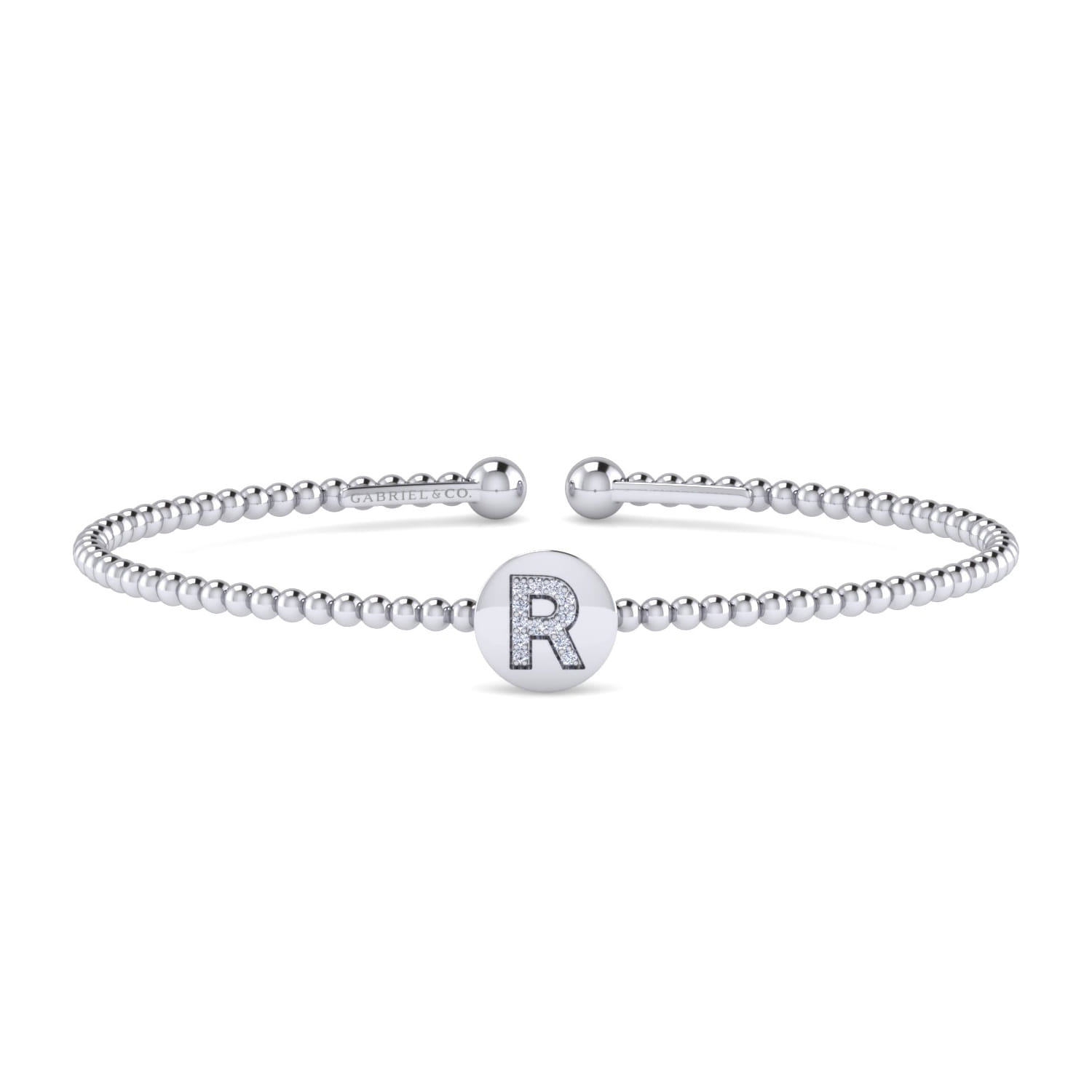 14K White Gold Round R Initial Diamond Bujukan Cuff Bracelet - 0.05 ct - Shot 1