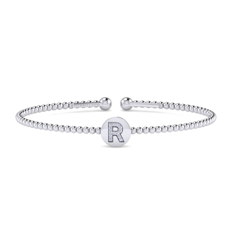 14K White Gold Round R Initial Diamond Bujukan Cuff Bracelet - 0.05 ct - Shot 1
