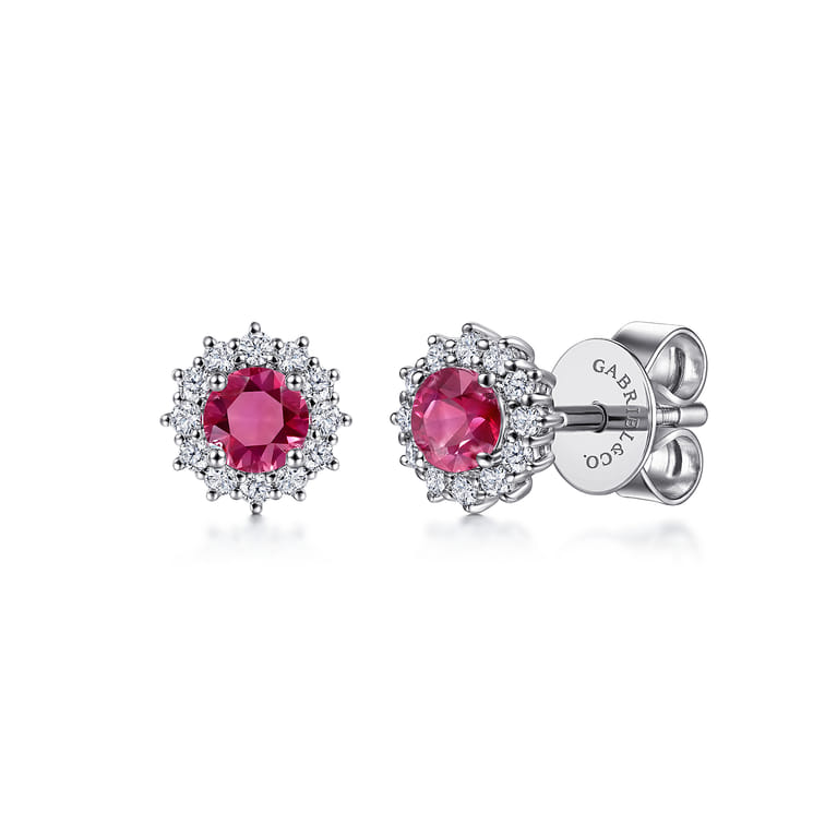 14K White Gold Round Ruby and Diamond Halo Stud Earrings - 0.24 ct - Shot 1