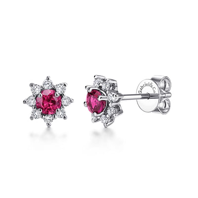 14K White Gold Round Ruby and Diamond Halo Stud Earrings