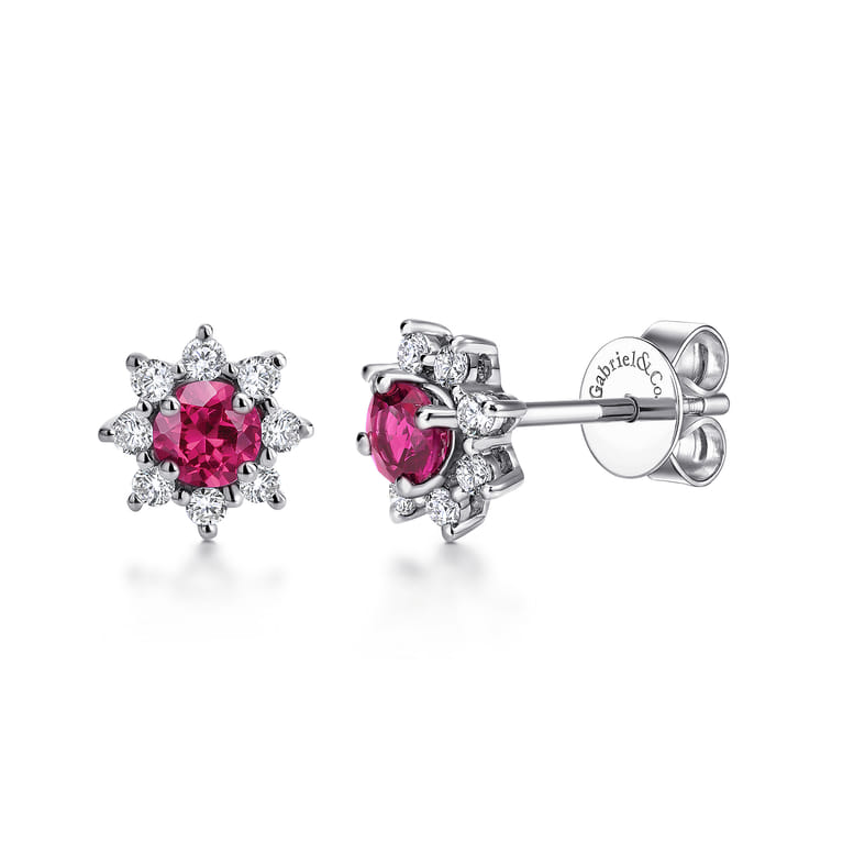 14K White Gold Round Ruby and Diamond Halo Stud Earrings - 0.3 ct - Shot 1