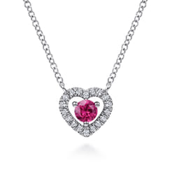14K White Gold Round Ruby and Diamond Heart Pendant Necklace