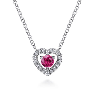 14K White Gold Round Ruby and Diamond Heart Pendant Necklace