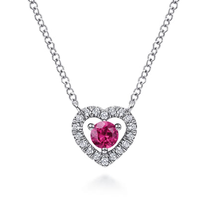 14K White Gold Round Ruby and Diamond Heart Pendant Necklace
