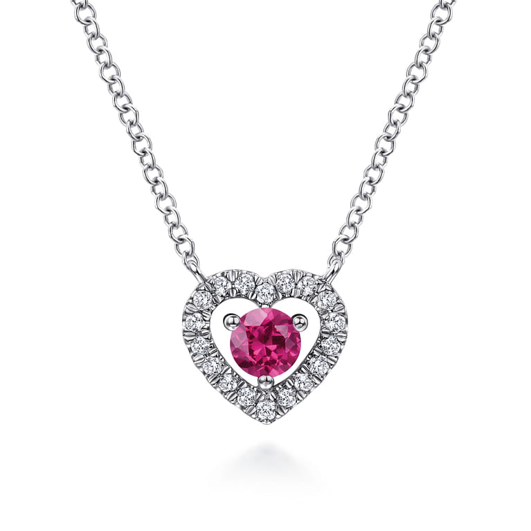 14K White Gold Round Ruby and Diamond Heart Pendant Necklace - 0.09 ct - Shot 1