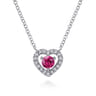 14K White Gold Round Ruby and Diamond Heart Pendant Necklace - 0.09 ct
