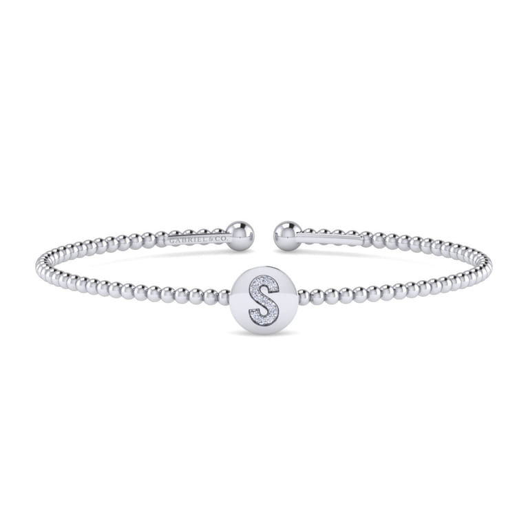 14K White Gold Round S Initial Diamond Bujukan Cuff Bracelet - 0.04 ct - Shot 1