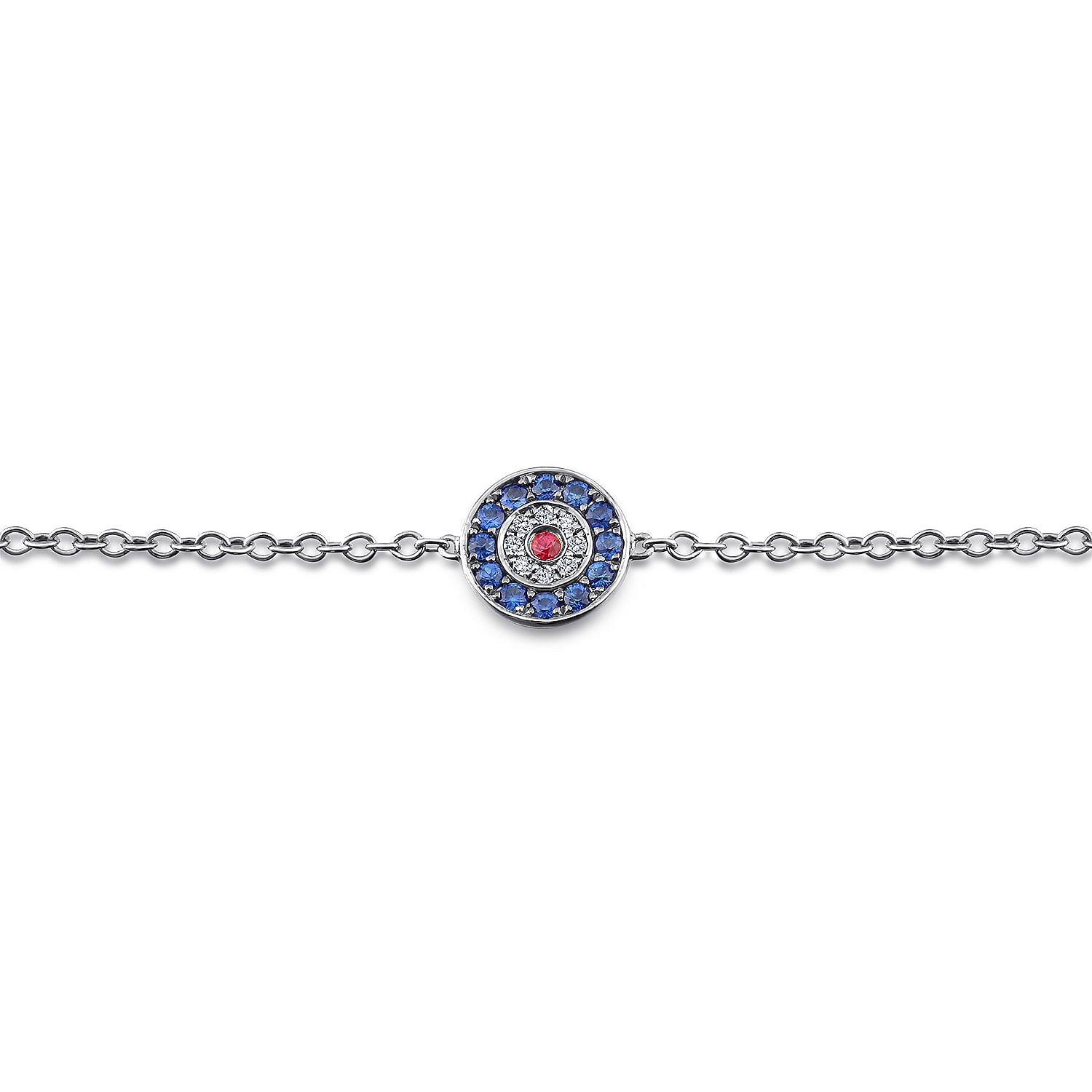 14K White Gold Round Sapphire Diamond and Ruby Evil Eye Bracelet - 0.04 ct - Shot 2