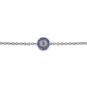 14K White Gold Round Sapphire Diamond and Ruby Evil Eye Bracelet