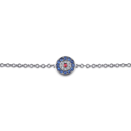 14K White Gold Round Sapphire Diamond and Ruby Evil Eye Bracelet