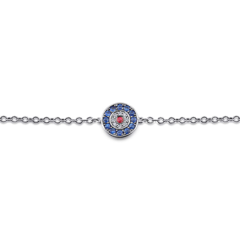 14K White Gold Round Sapphire Diamond and Ruby Evil Eye Bracelet - 0.04 ct - Shot 2