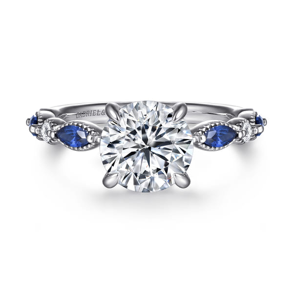 Round Sapphire and Diamond Engagement Ring in White Gold