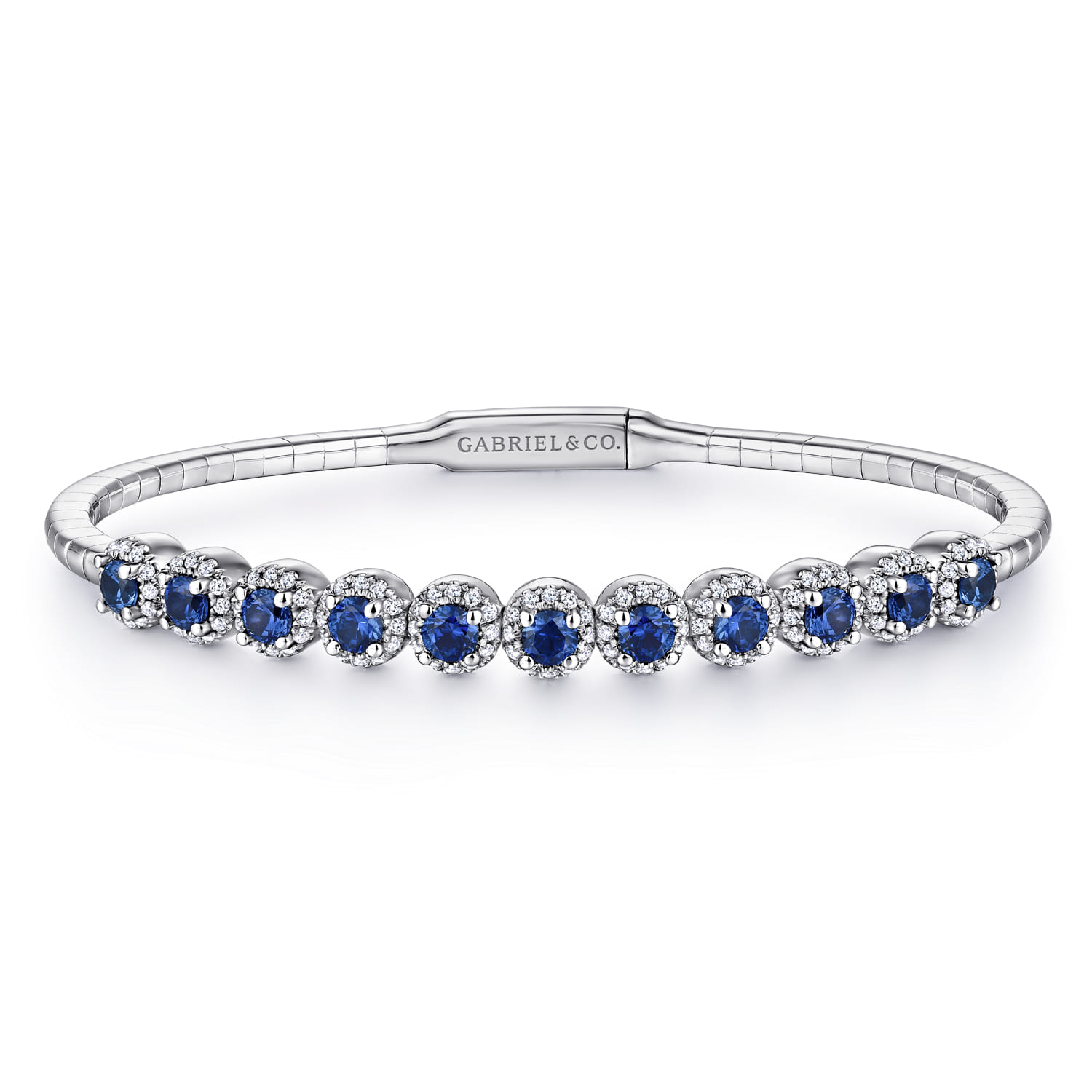 14K White Gold Round Sapphire and Diamond Halo Bangle Bracelet - 0.5 ct - Shot 1