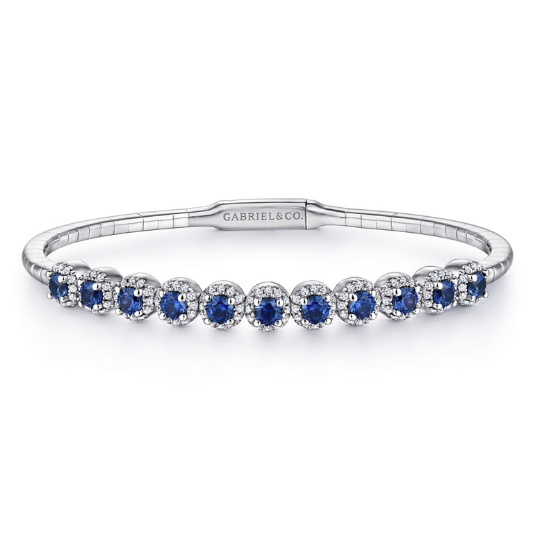14K White Gold Round Sapphire and Diamond Halo Bangle Bracelet - 0.5 ct - Shot 1