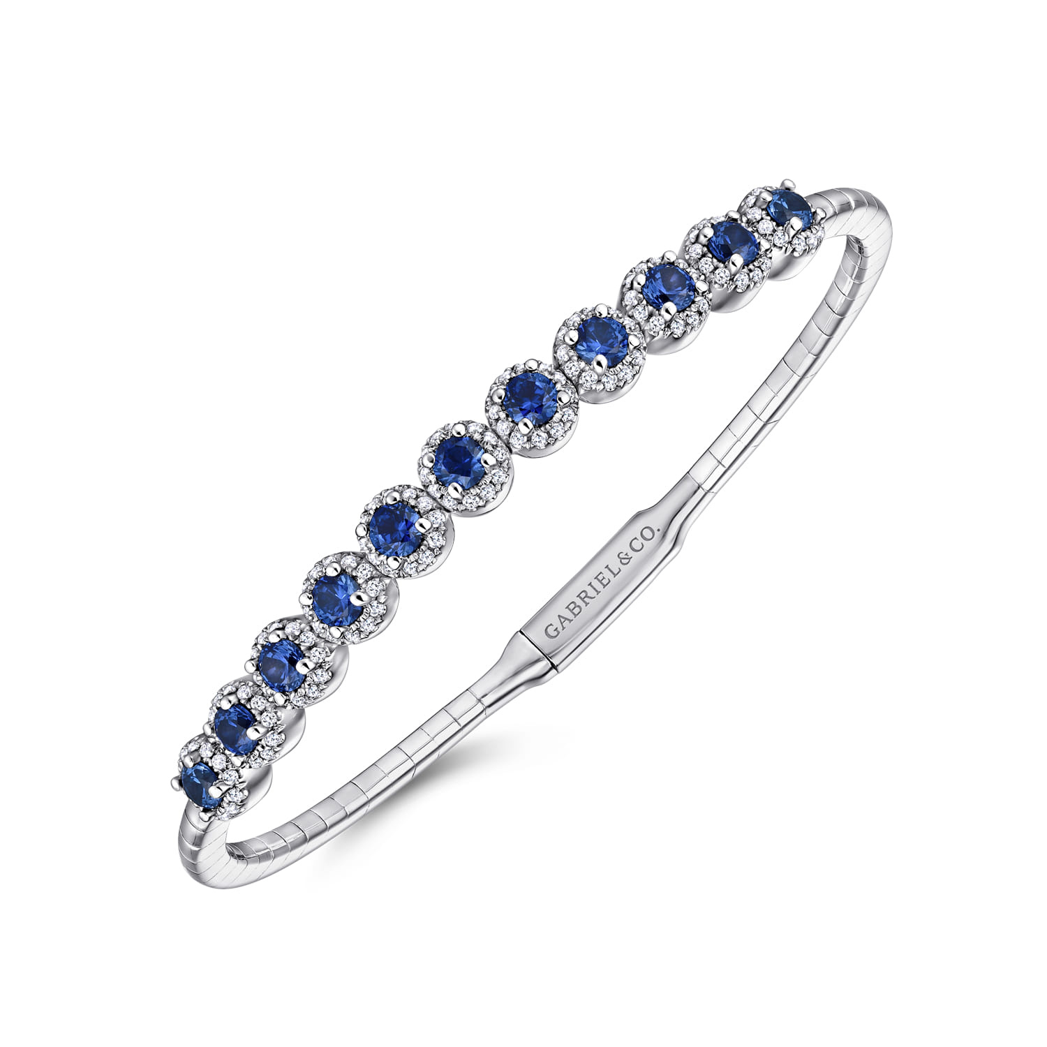 14K White Gold Round Sapphire and Diamond Halo Bangle Bracelet - 0.5 ct - Shot 2