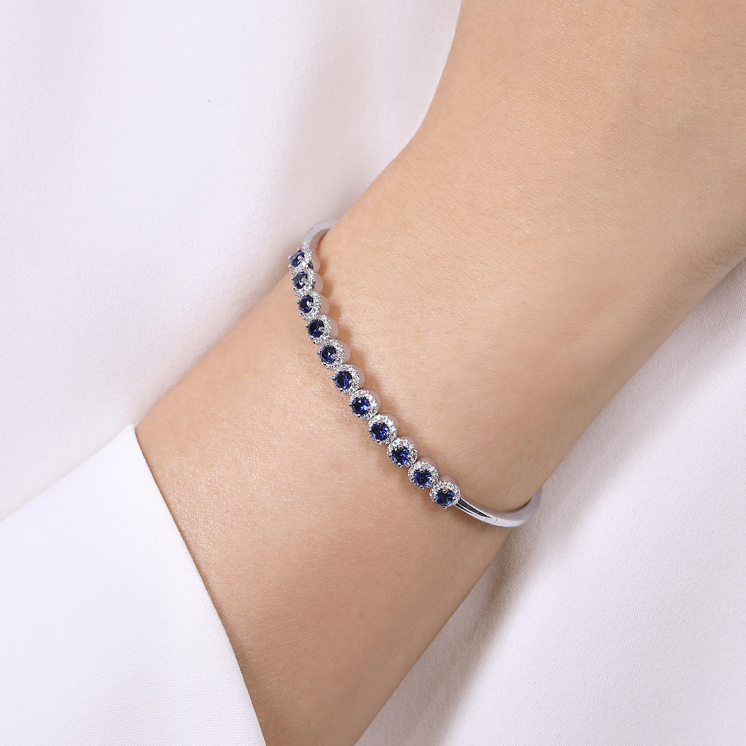 14K White Gold Round Sapphire and Diamond Halo Bangle Bracelet - 0.5 ct - Shot 4