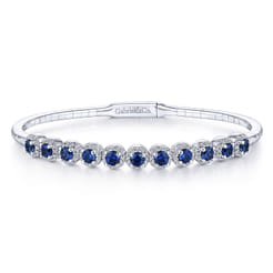 14K White Gold Round Sapphire and Diamond Halo Bangle