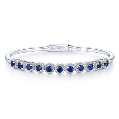 14K White Gold Round Sapphire and Diamond Halo Bangle