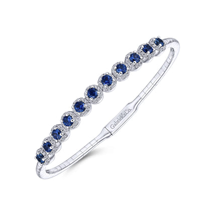 14K White Gold Round Sapphire and Diamond Halo Bangle