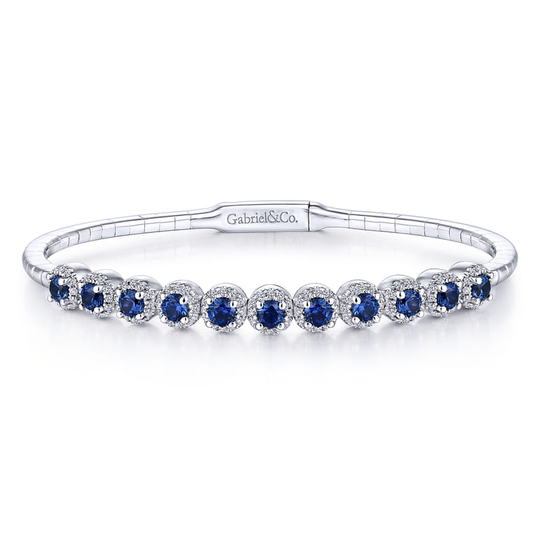 14K White Gold Round Sapphire and Diamond Halo Bangle - 0.44 ct - Shot 1