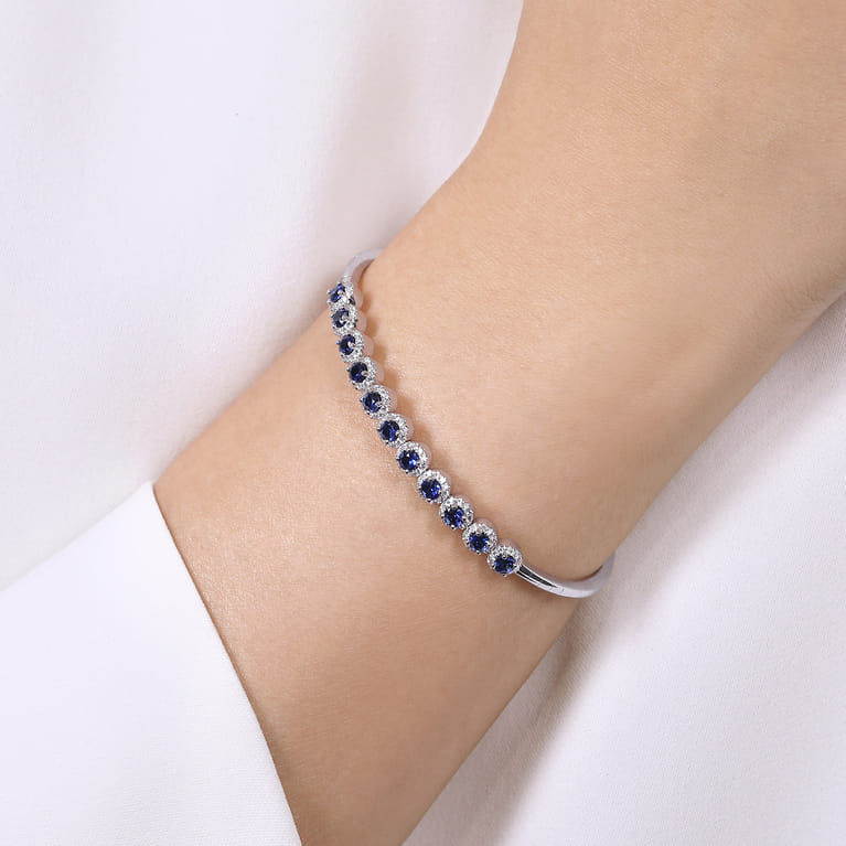 14K White Gold Round Sapphire and Diamond Halo Bangle - 0.44 ct - Shot 4