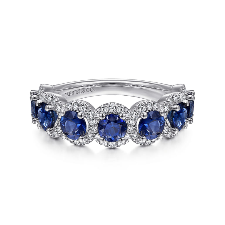 14K White Gold Round Sapphire and Diamond Halo Ring - 0.4 ct - Shot 1