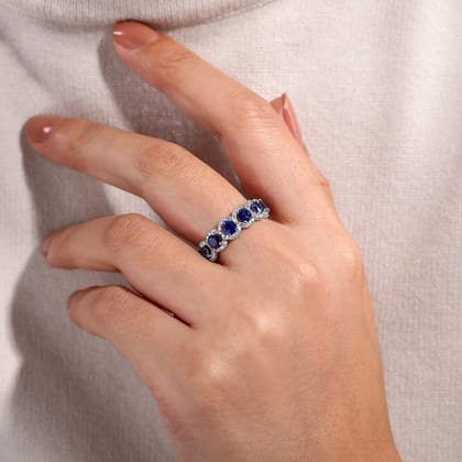 14K White Gold Round Sapphire and Diamond Halo Ring