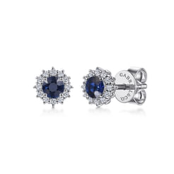 14K White Gold Round Sapphire and Diamond Halo Stud Earrings