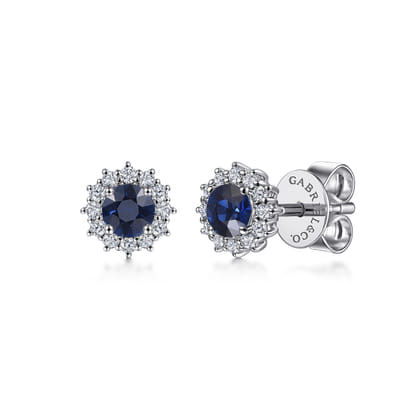 14K White Gold Round Sapphire and Diamond Halo Stud Earrings