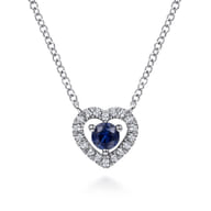 14K White Gold Round Sapphire and Diamond Heart Pendant Necklace