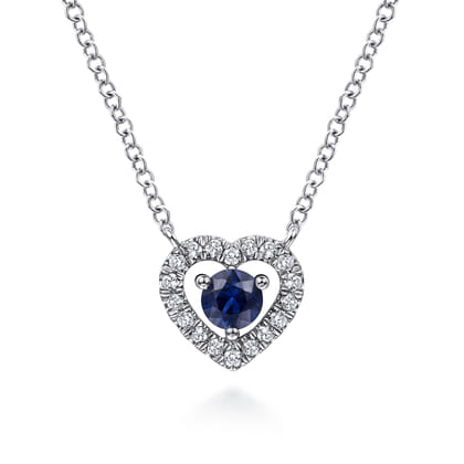 14K White Gold Round Sapphire and Diamond Heart Pendant Necklace