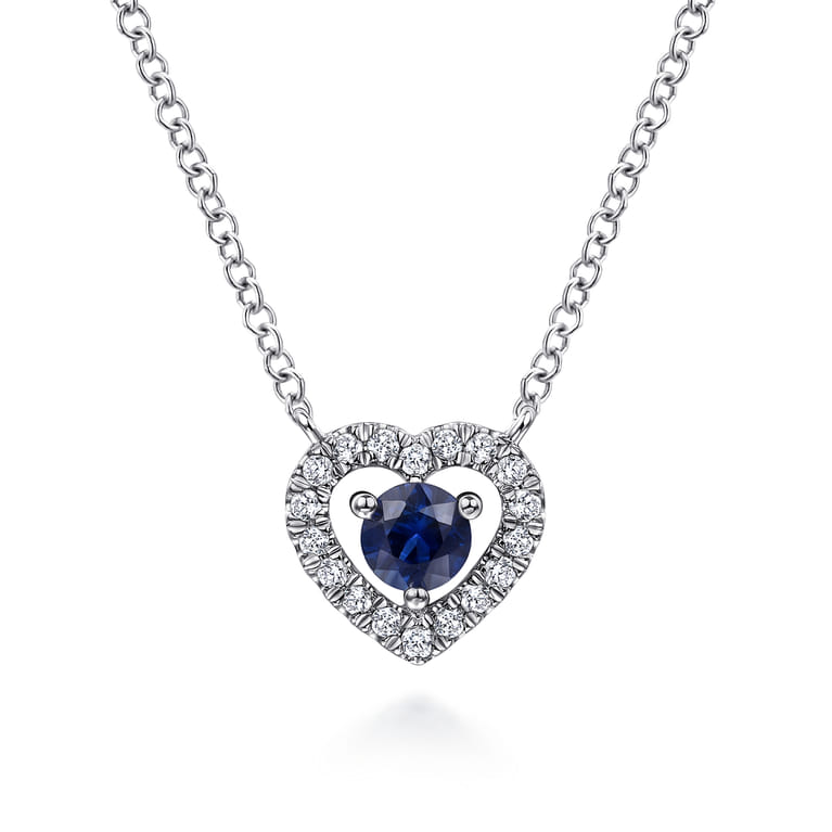 14K White Gold Round Sapphire and Diamond Heart Pendant Necklace - 0.09 ct - Shot 1