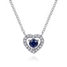 14K White Gold Round Sapphire and Diamond Heart Pendant Necklace - 0.09 ct